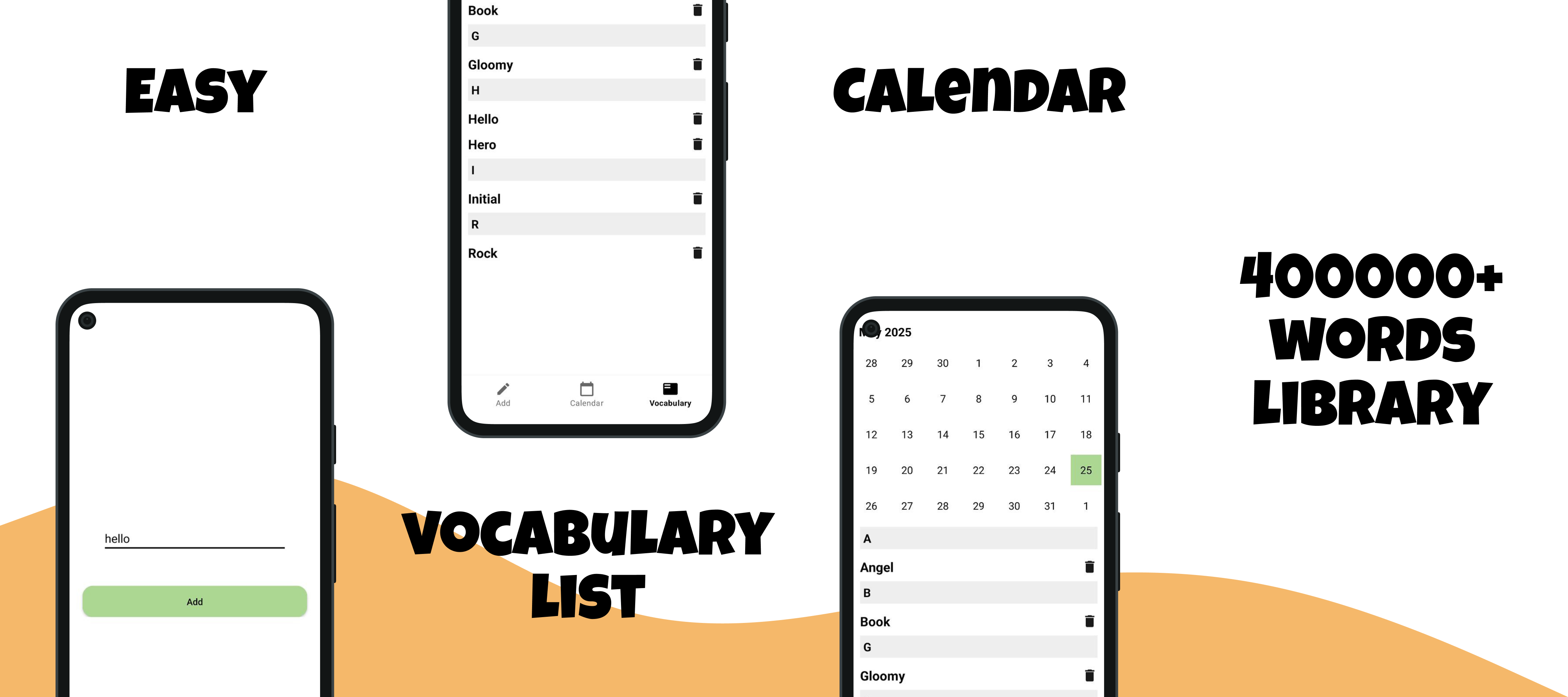 LexiCount vocabulary list and activity calendar screenshot on Android