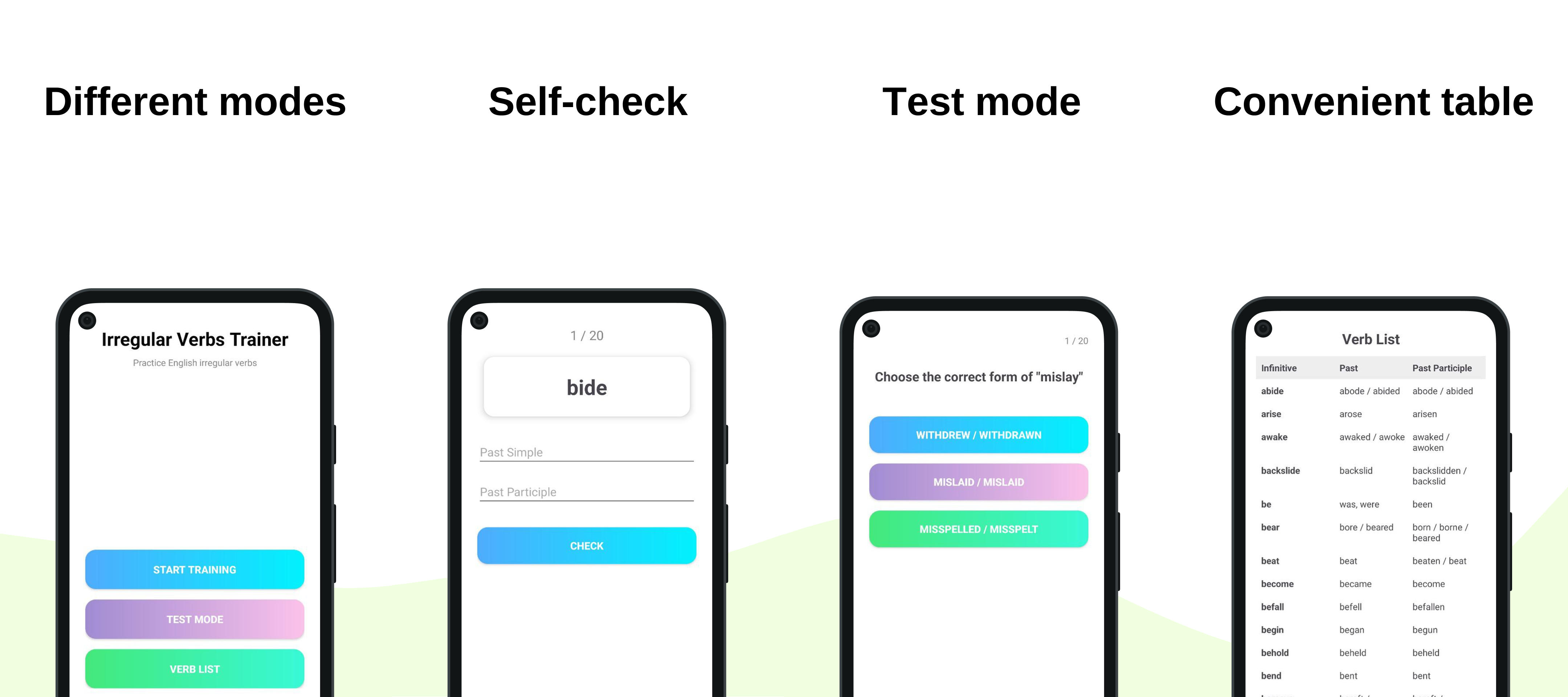 Irregular Verbs Trainer training mode screenshot on Android